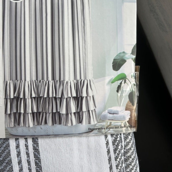 BH&G Striped Ruffle Skirt Printed Fabric Shower Curtain, Charcoal/White - Picture 6 of 6